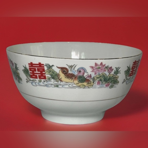 Vtg Chinese Porcelain Rice Soup Bowls Set Of 4 Birds Oriental Happiness Wedding - Picture 2 of 9